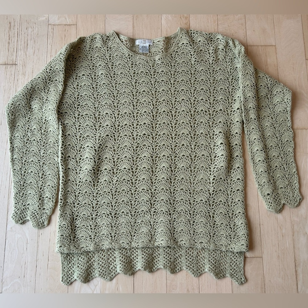 Vintage Yarnworks Crochet Knit Scalloped Edge Tunic Top Light Sage Size Medium